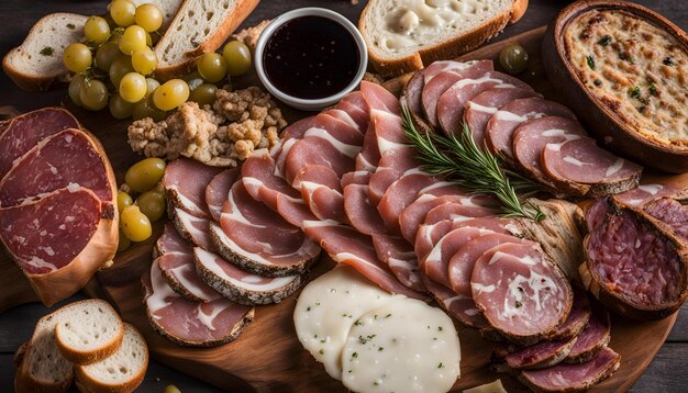 a tray of food including meat cheese and olives