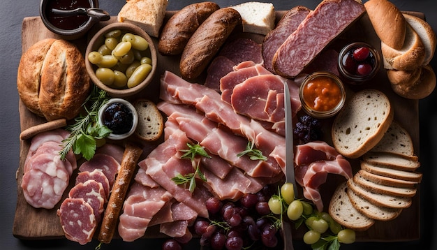 肉のチーズとオリーブを含む食べ物の皿