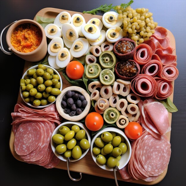 Foto un vassoio di cibo con carne, formaggio e olive.