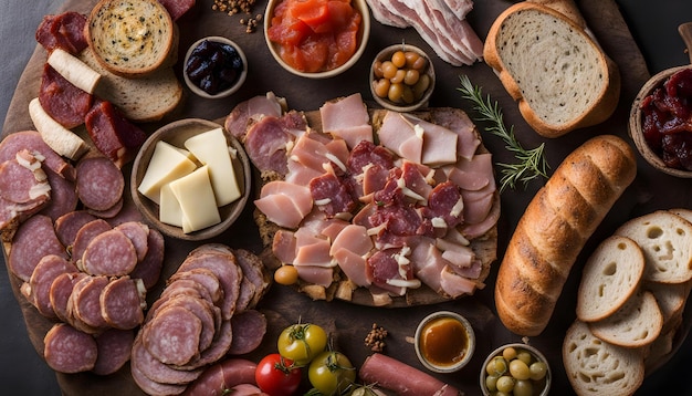 a tray of food including meat cheese and vegetables