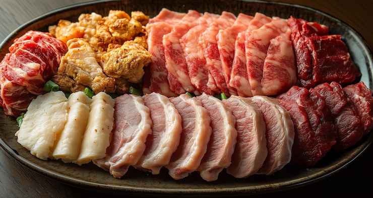 Photo 肉や他の食べ物を含む食べ物のトレイその上にクォーテーションの言葉が書かれているものを含む