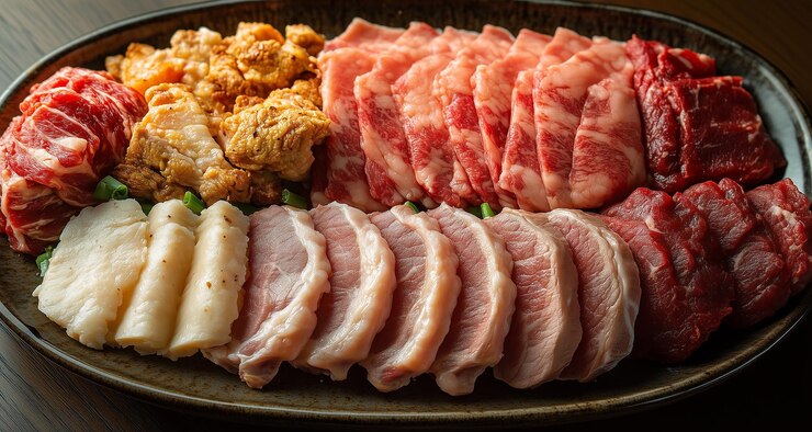 Photo 肉や他の食べ物を含む食べ物のトレイその上にクォーテーションの言葉が書かれているものを含む