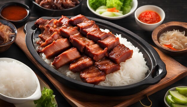 Photo a tray of food including meat and rice