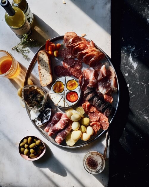 a tray of food including meat vegetables and bread