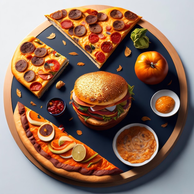 A tray of food including pizza, pizza, and other food.