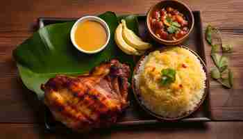 Photo a tray of food including rice rice and rice