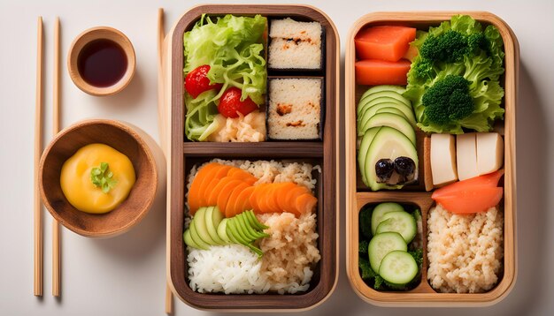 a tray of food including rice veggies and other foods