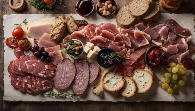 a tray of food including salami salami and cheese