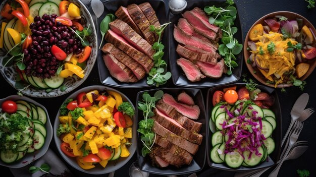 A tray of food including steak, salad, and salad