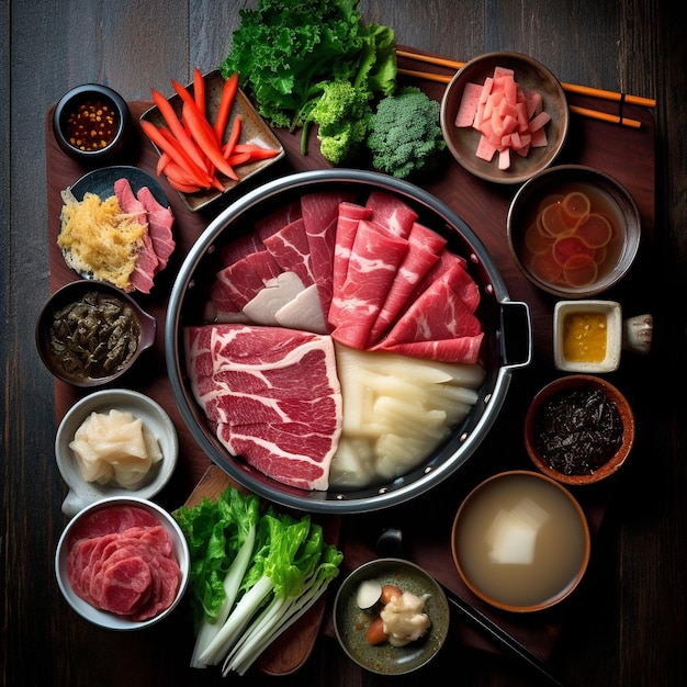 поднос с едой, включая суши мясо и суши