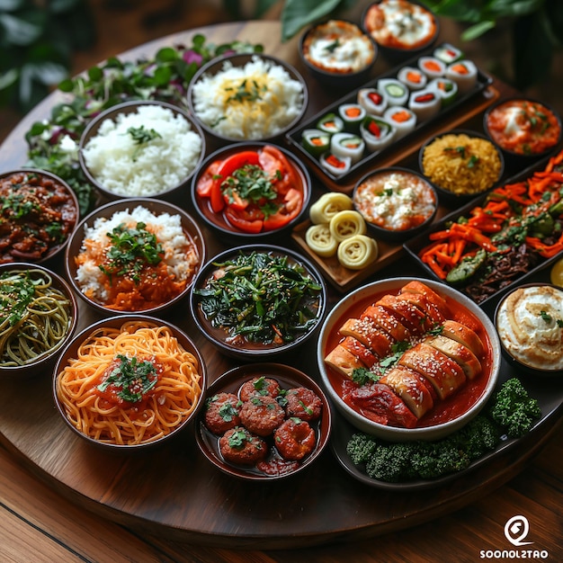 a tray of food including sushi rice and vegetables