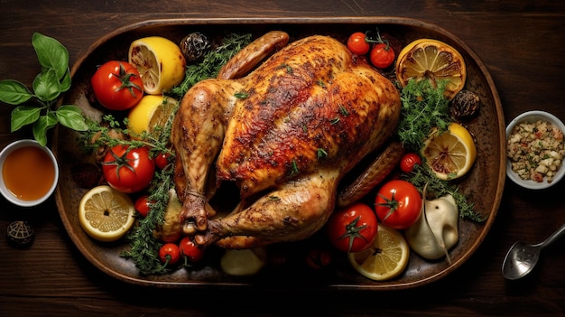 A tray of food including a turkey, vegetables, and lemons.