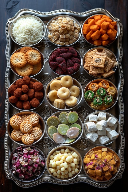 поднос с едой, включая различные закуски, включая печенье, печенье и другие продукты