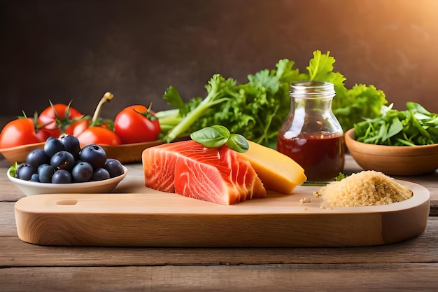 Foto un vassoio di cibo comprendente verdure, frutta e una bottiglia di miele.
