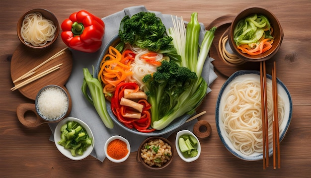 a tray of food including vegetables and noodles