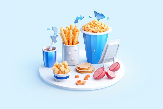 Photo a tray of food that has a blue container with french fries and a cup of ketchup.