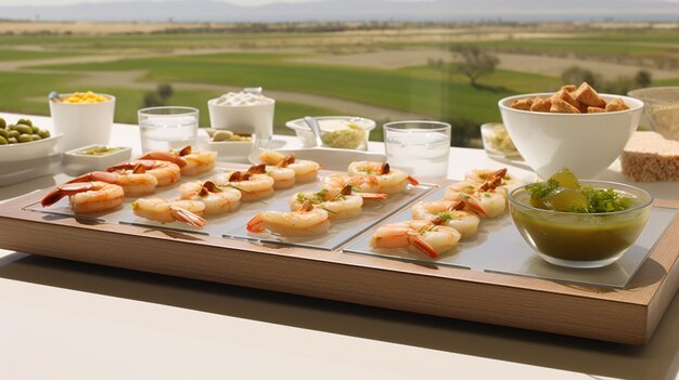 a tray of food that has food on it and drinks on the trays