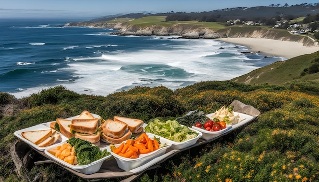 a tray of food that has sandwiches and the ocean in the background