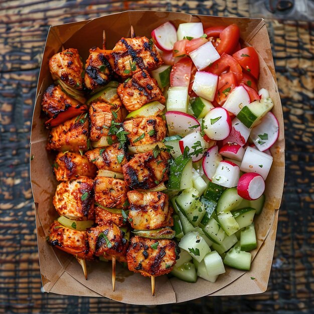 a tray of food that includes kebabs and tomatoes