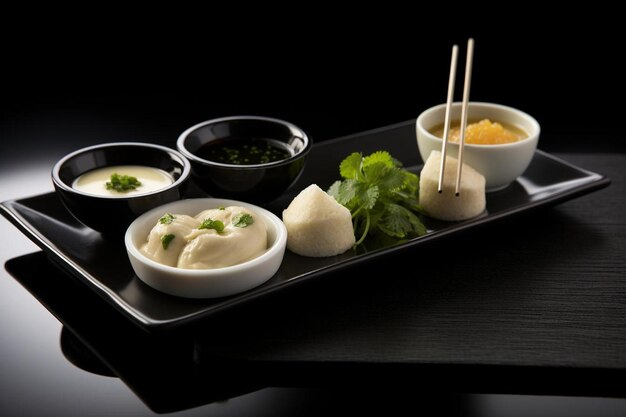 Photo a tray of food with a black background with a bunch of small bowls of food on it