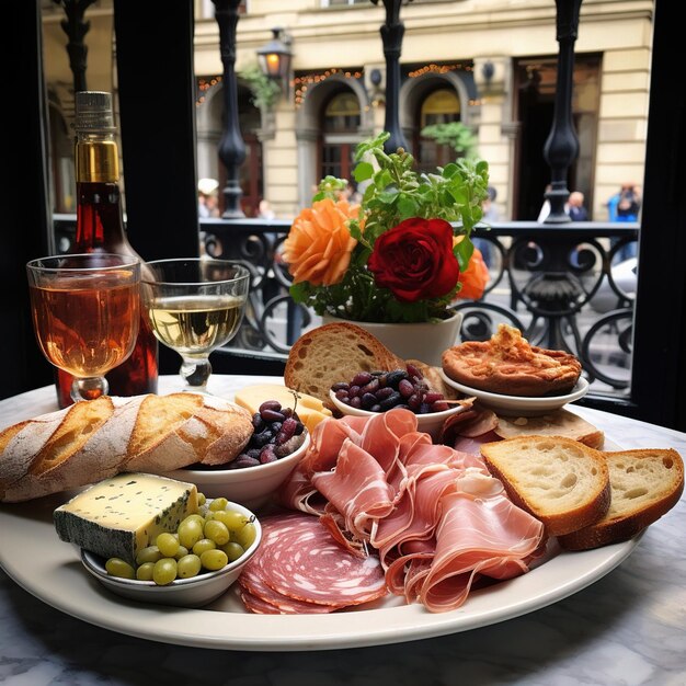 Photo a tray of food with a bottle of wine and cheese on it.