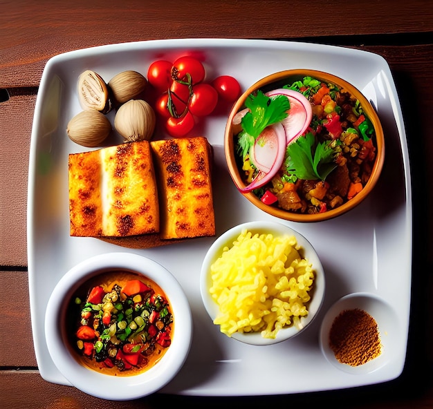 A tray of food with a bowl of food on it and a bowl of food on it.