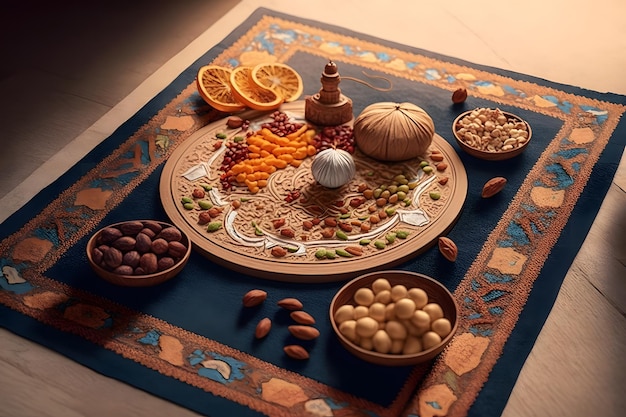 A tray of food with a bowl of nuts and fruits on it.