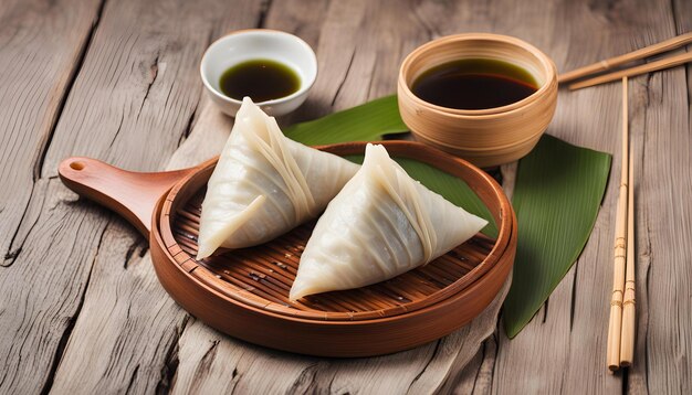 A tray of food with a bowl of rice and a pair of cups with a green leaf