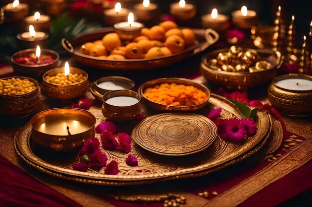 Photo a tray of food with a candle and a candle in the background.