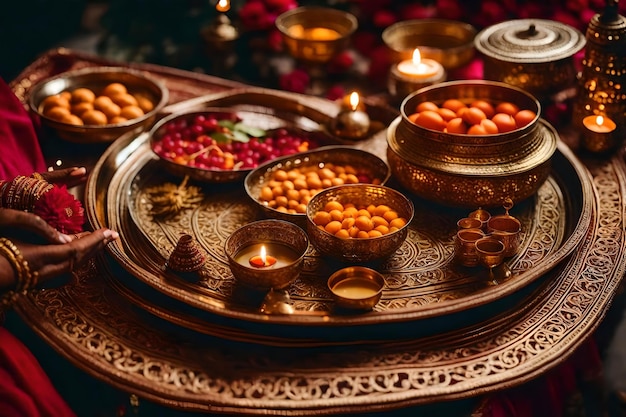 A tray of food with a candle in the center.