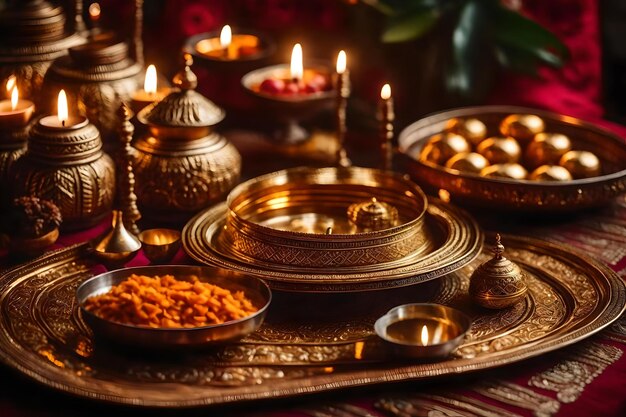 A tray of food with candles and a candle in the background.