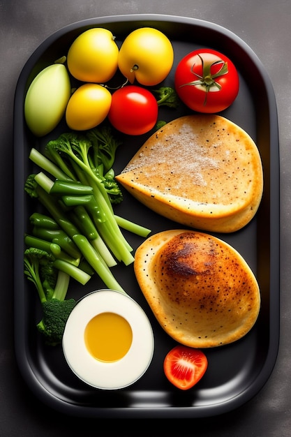 A tray of food with a chicken breast, eggs, and vegetables