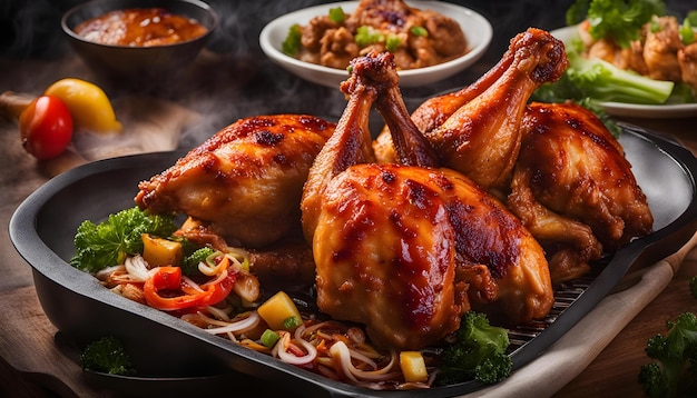 a tray of food with a chicken and vegetables on it