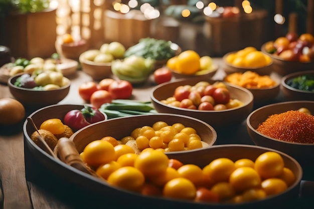 クリスマスツリーを背景にした食べ物のトレイ