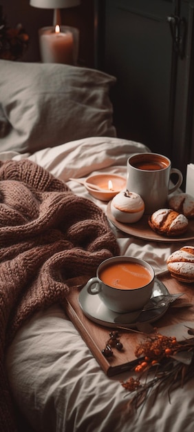 A tray of food with a cup of hot chocolate and a candle on it