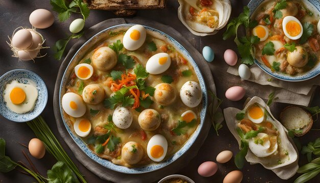 Photo a tray of food with eggs and eggs on it