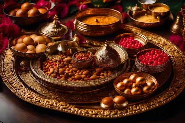 A tray of food with a flower in the background