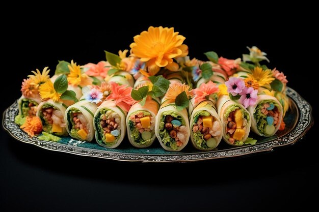 Photo a tray of food with a flower on it