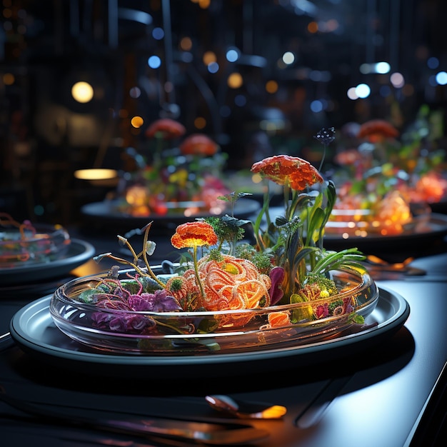 A tray of food with flowers and a carrot on it