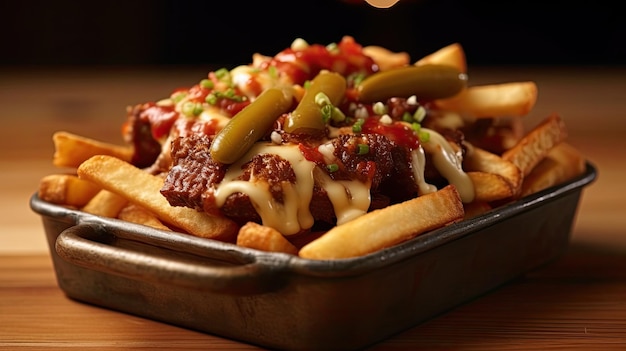 a tray of food with french fries and meat