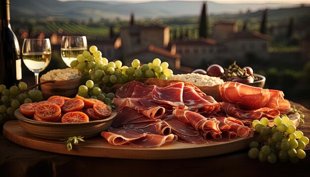 Photo a tray of food with a glass of wine and grapes on it