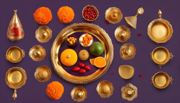 Photo a tray of food with a gold plate of fruit and a pair of gold bells