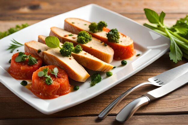 A tray of food with a knife and fork on a wooden table