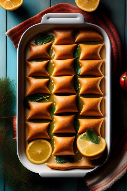 Photo a tray of food with lemon slices and leaves