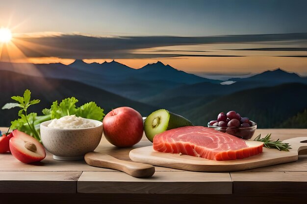 A tray of food with a mountain in the background.