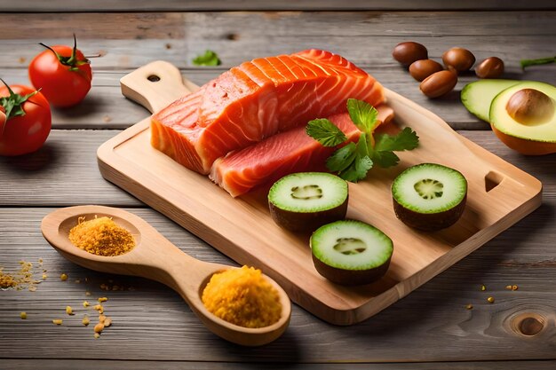 a tray of food with raw raw salmon and avocado.