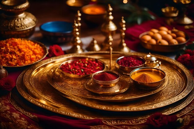 A tray of food with a red cloth with a gold plate that says