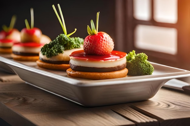 A tray of food with a strawberry on top