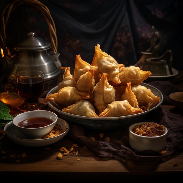 Photo a tray of food with a teapot and a bowl of dipping sauce