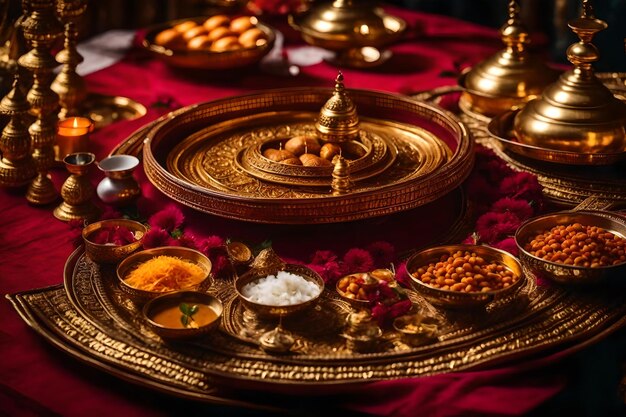 A tray of food with a temple on the top